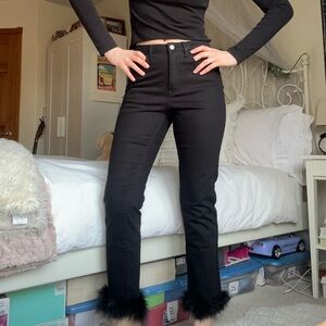 forever 21 black high rise feather trim straight skinny jeans